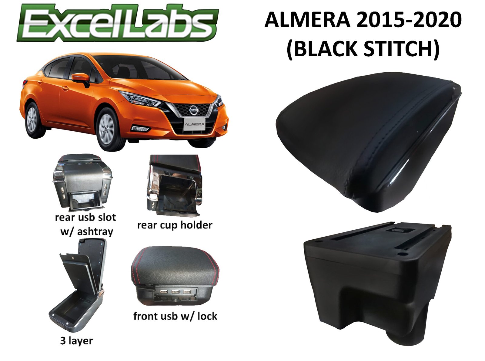 ALMERA 2015-2020 ARM REST / CONSOLE BOX (BLACK STITCH)