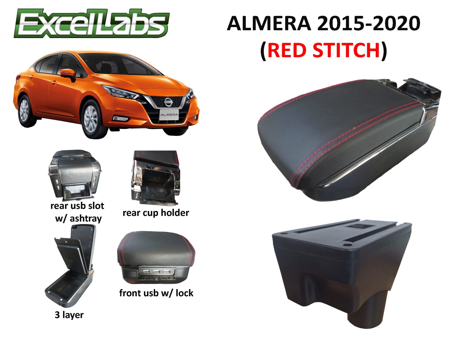 ALMERA 2015-2020 ARM REST / CONSOLE BOX (RED STITCHES)