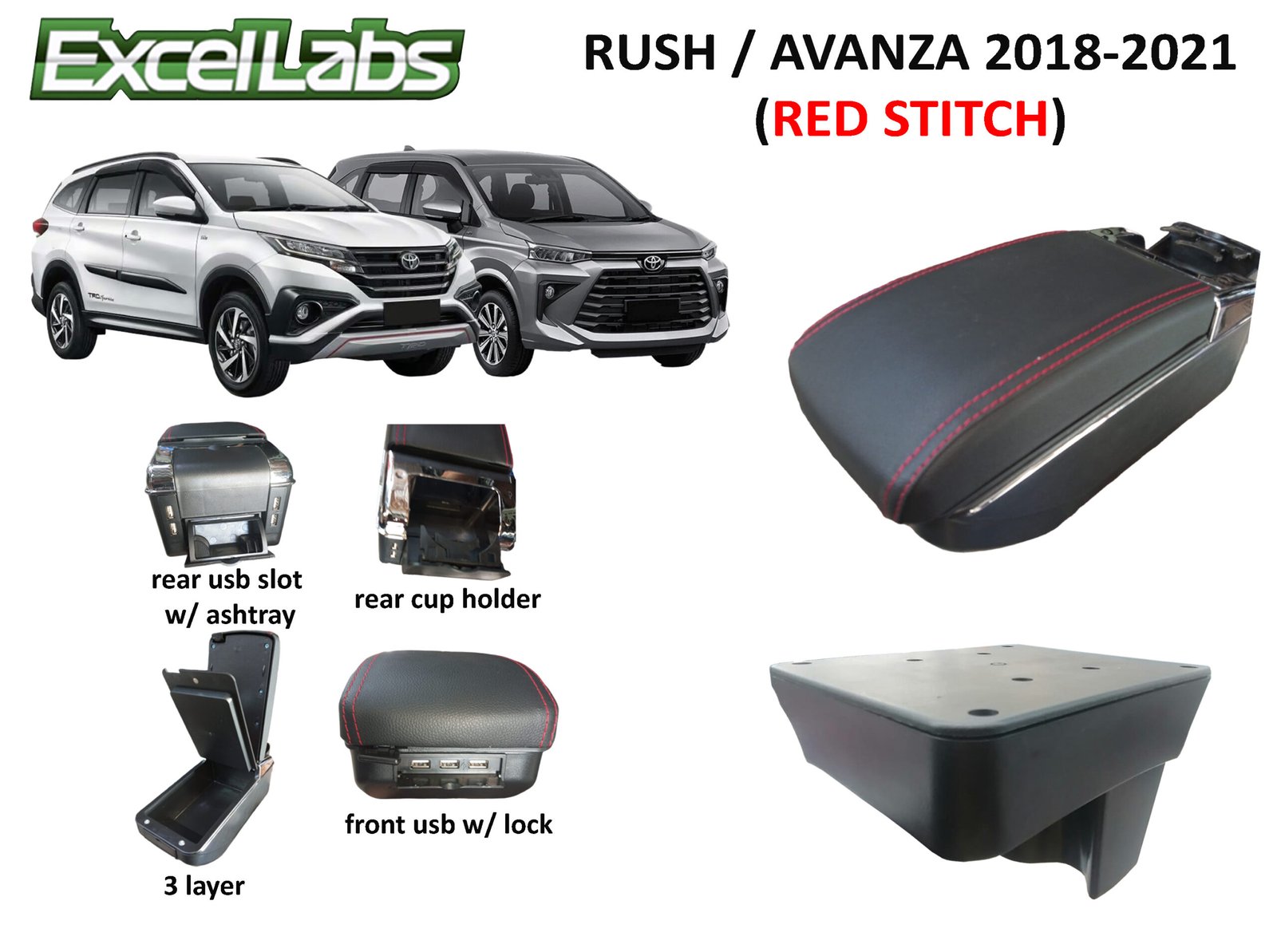 RUSH/AVANZA 2018-2021 ARM REST / CONSOLE BOX (RED STICHES)