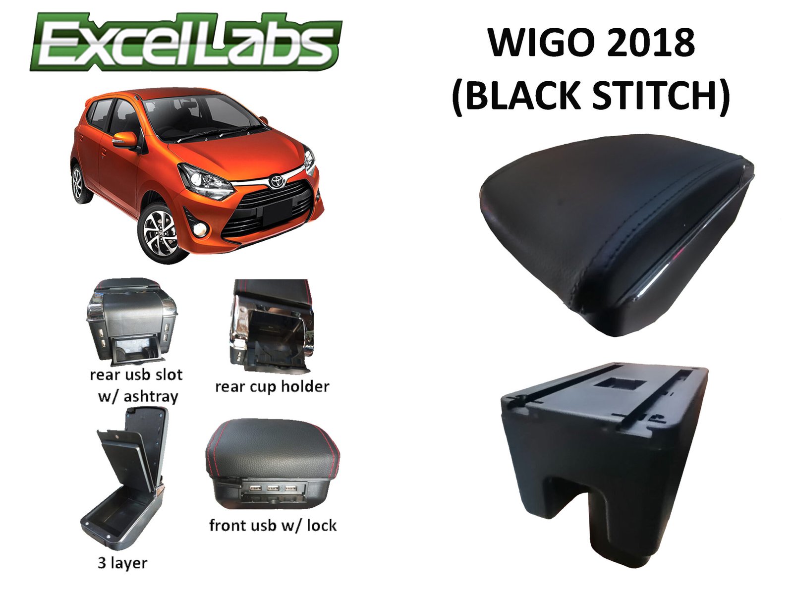 WIGO 2018 ARM REST / CONSOLE BOX (BLACK STITCHES)