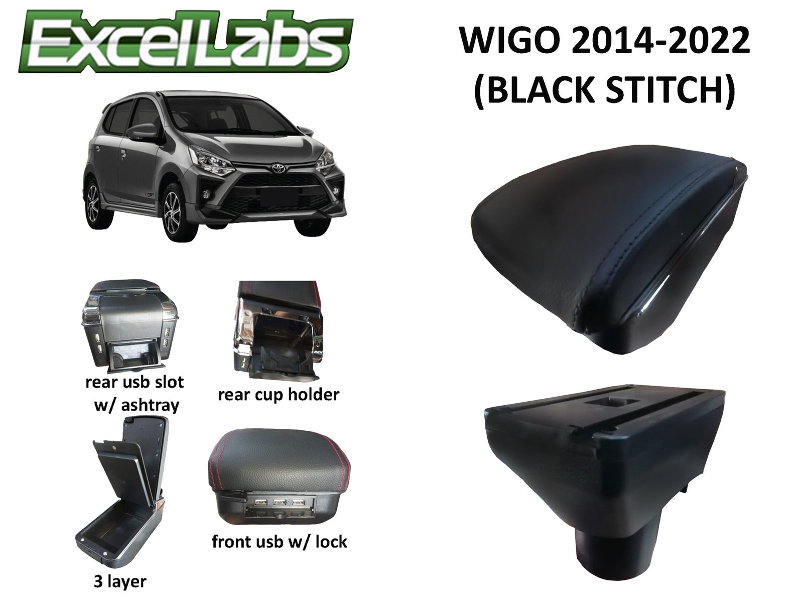 WIGO 2014-2022 ARM REST CARBON FIBER NEW DESIGN (BLACK STITCH)