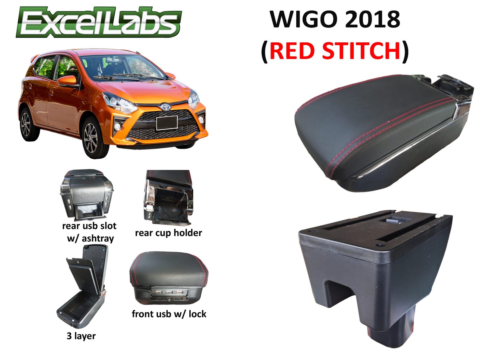 WIGO 2018 ARM REST / CONSOLE BOX (RED STITCHES)