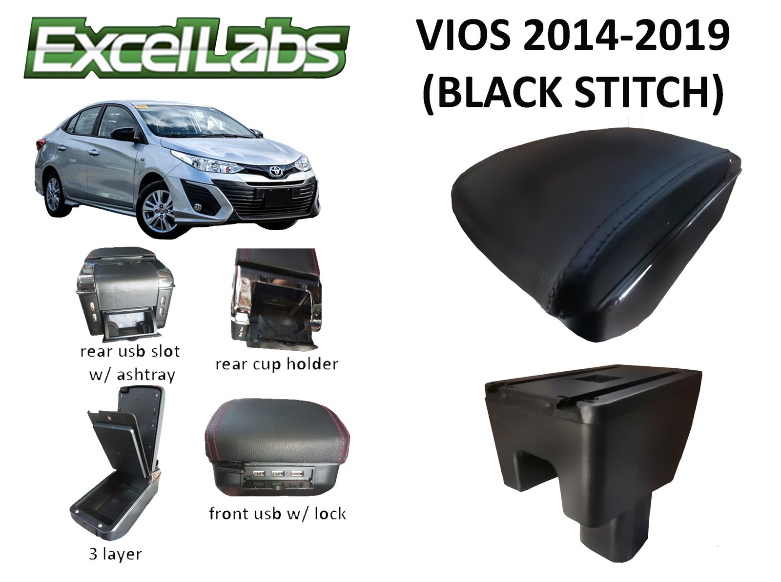 VIOS 2014-2019 ARM REST (BLACK STITCH)