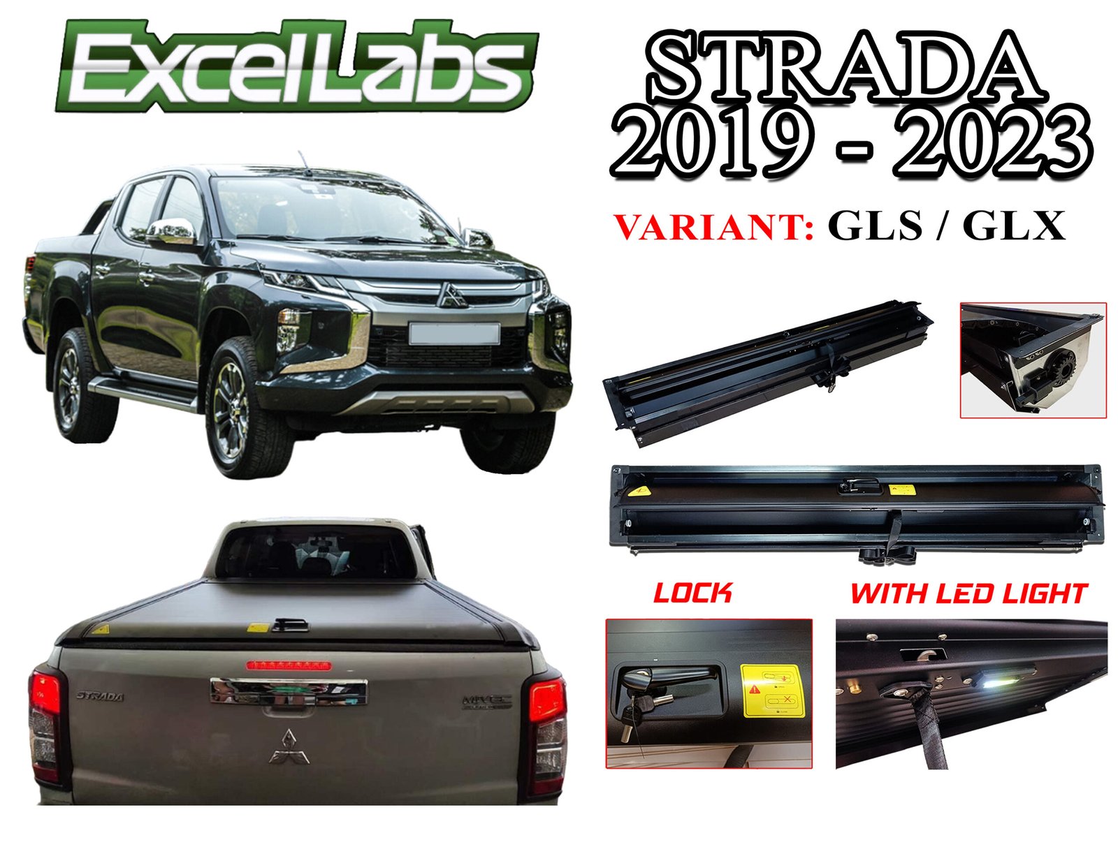 STRADA / TRITON GLS, GLX 2016-2023 ALUMINUM ROLLER LID COVER WITH LOCK AND LED / WITH OUT ROLLBAR (BLACK)