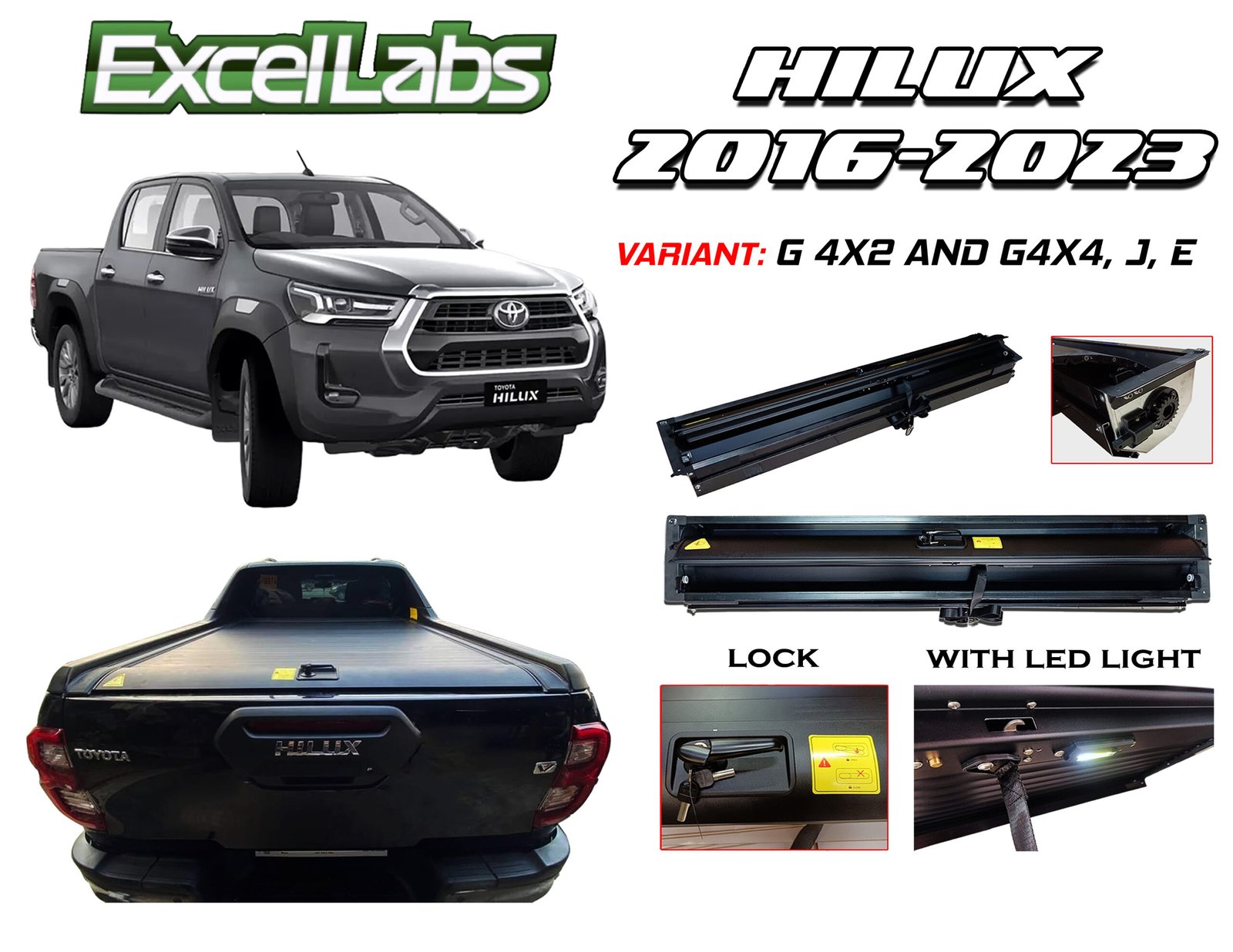 HILUX CONQUEST 2021-2024 ALUMINUM ROLLER LID COVER WITH ROLLBAR, LOCK AND LED (BLACK)