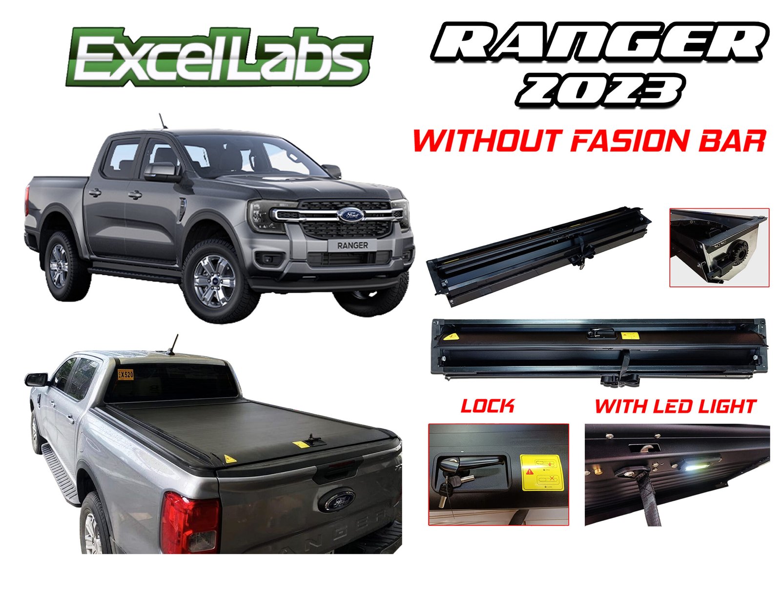 RANGER XLT, XL, XLS, AMAROK 2023-2024 ROLLER LID ALUMINUM MANUAL WITH LOCK AND LED