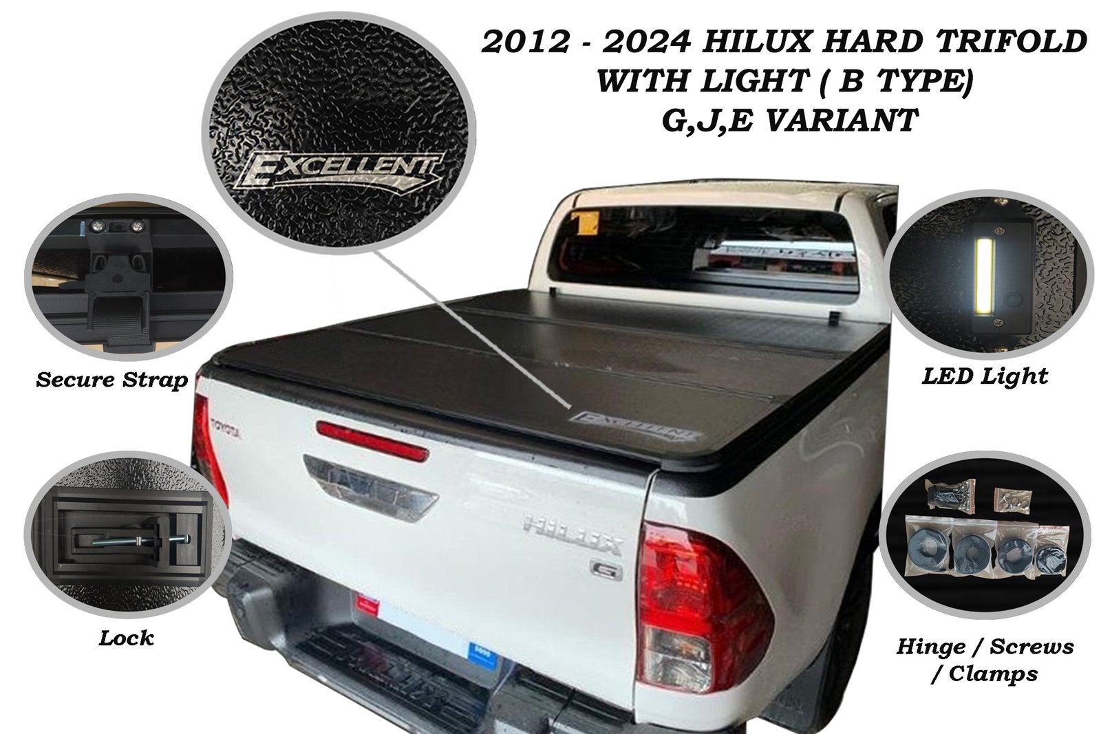 HILUX 2012-2024 HARD TRIFOLD WITH LIGHT B TYPE G, J, AND E VARIANT