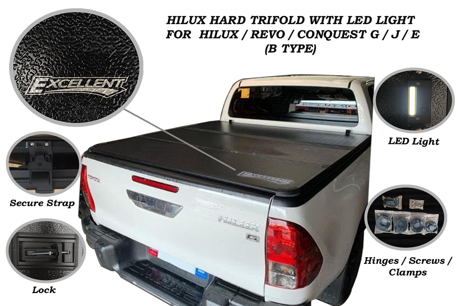 TOYOTA HILUX / REVO / CONQUEST G / J / E 2016 - 2024 AND HILUX GRS 2024 HARD TRIFOLD WITH LED (B TYPE)