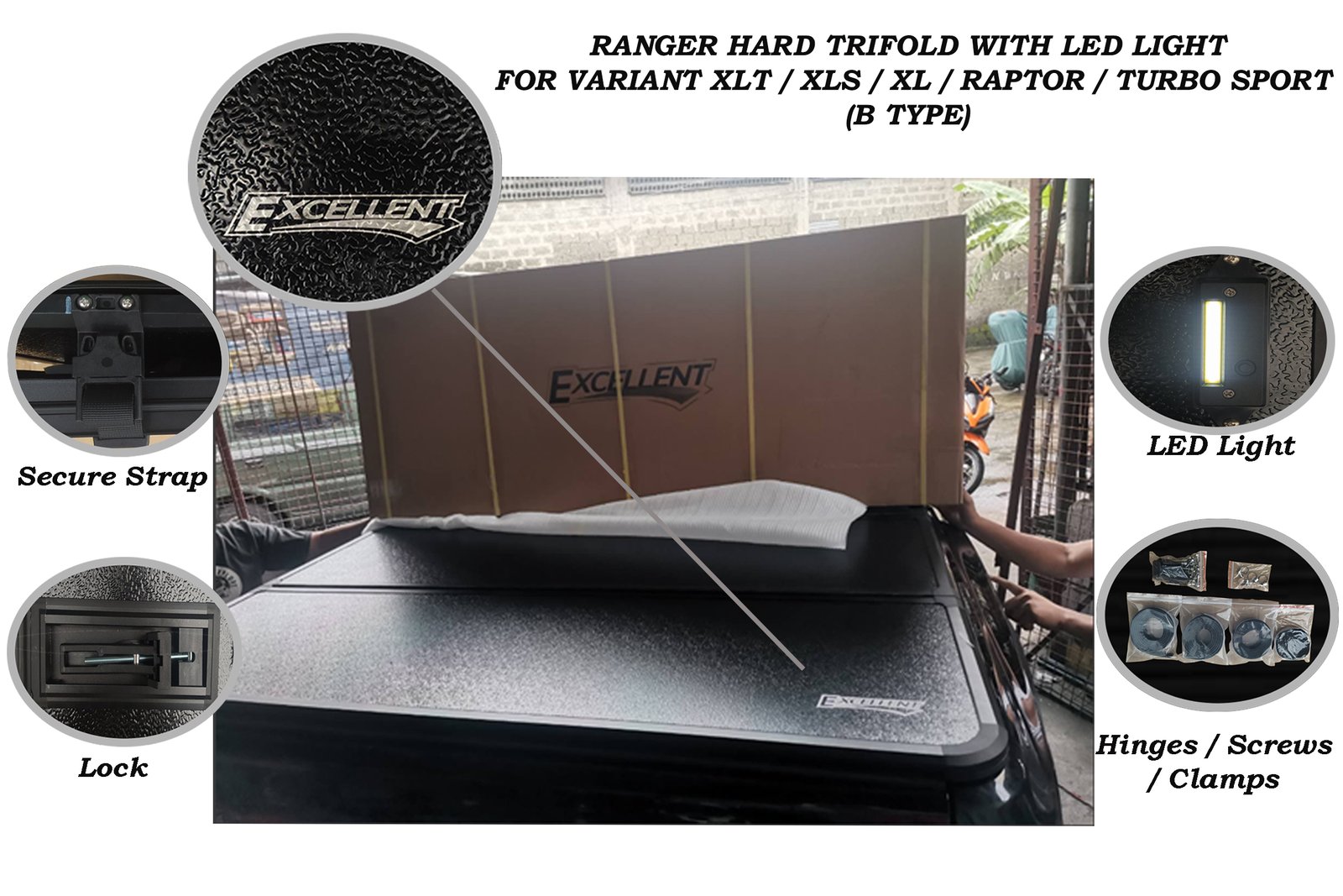 FORD RANGER XLT / XLS / XL / RAPTOR / TURBO SPORT 2023 - 2025 HARD TRIFOLD WITH LED LIGHT (B TYPE)