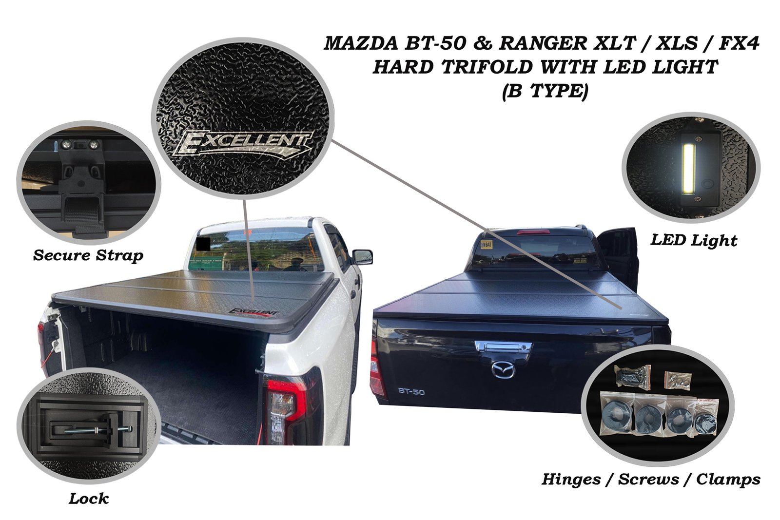 FORD RANGER XLT / XLS / FX4 AND MAZDA BT-50 2012 - 2022 HARD TRIFOLD WITH LED LIGHT (C TYPE)