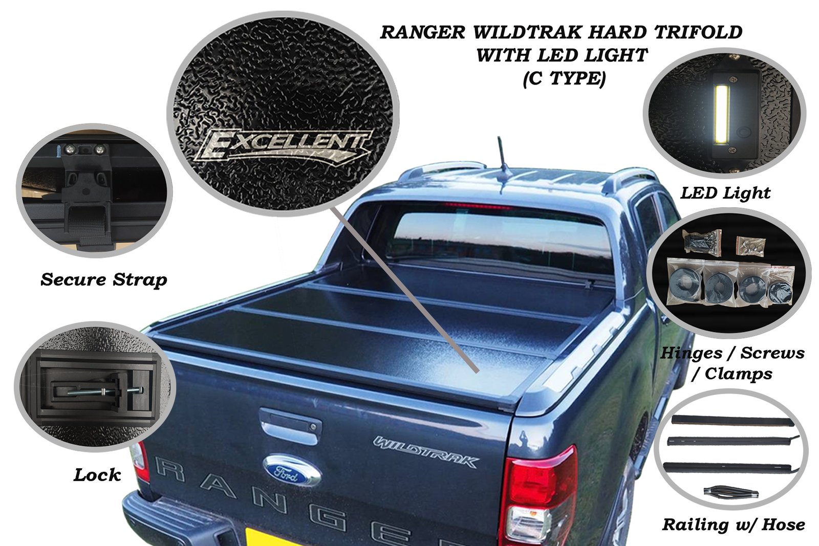 FORD RANGER WILDTRAK 2018 - 2022 HARD TRIFOLD WITH LED LIGHT (C TYPE)