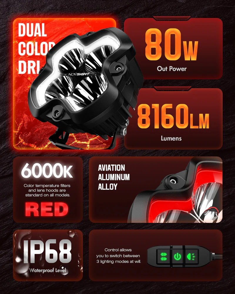 HALO SE Series 6-inch LED Pod Lights with Red and White DRL (Combined Beam)